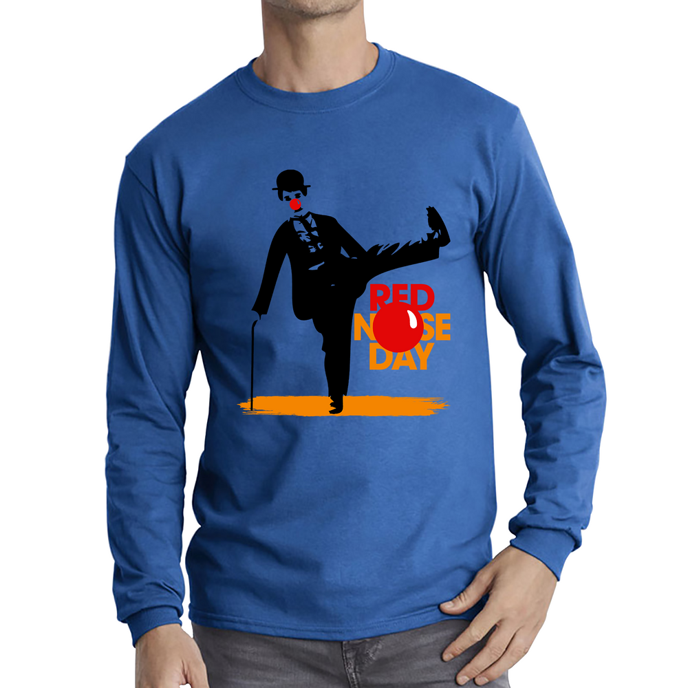Charlie Chaplin Funny Red Nose Day Adult Long Sleeve T Shirt. 50% Goes To Charity