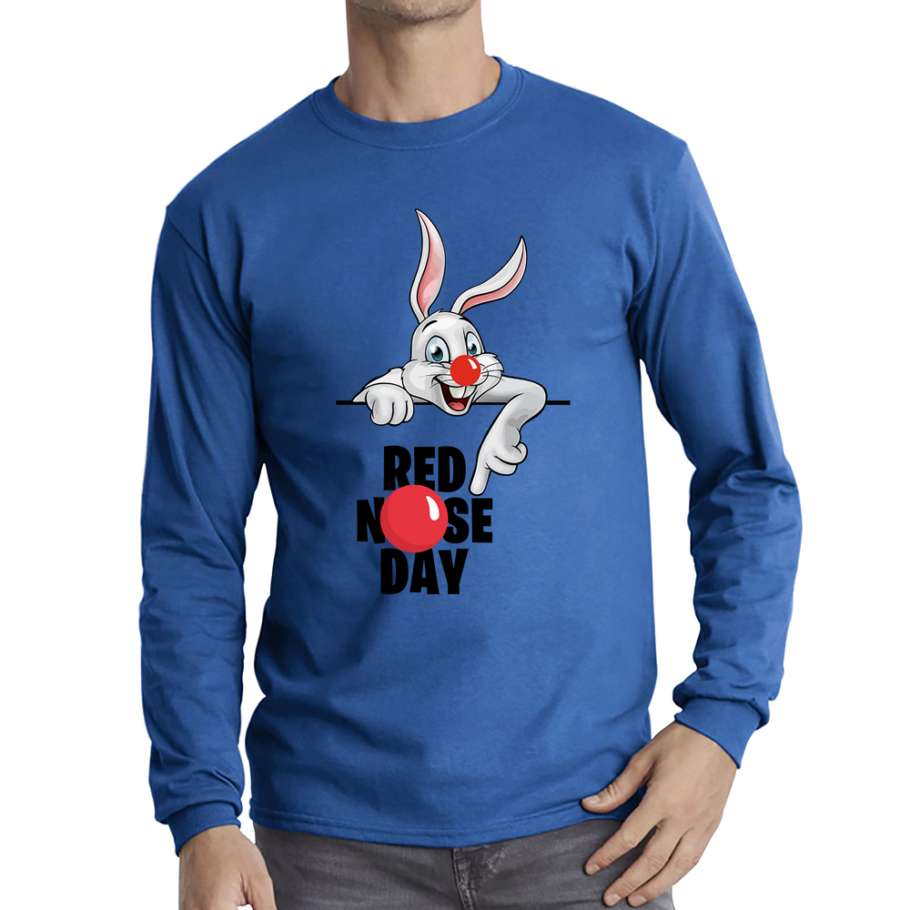 White Bunny Red Nose Day Adult Long Sleeve T Shirt. 50% Goes To Charity
