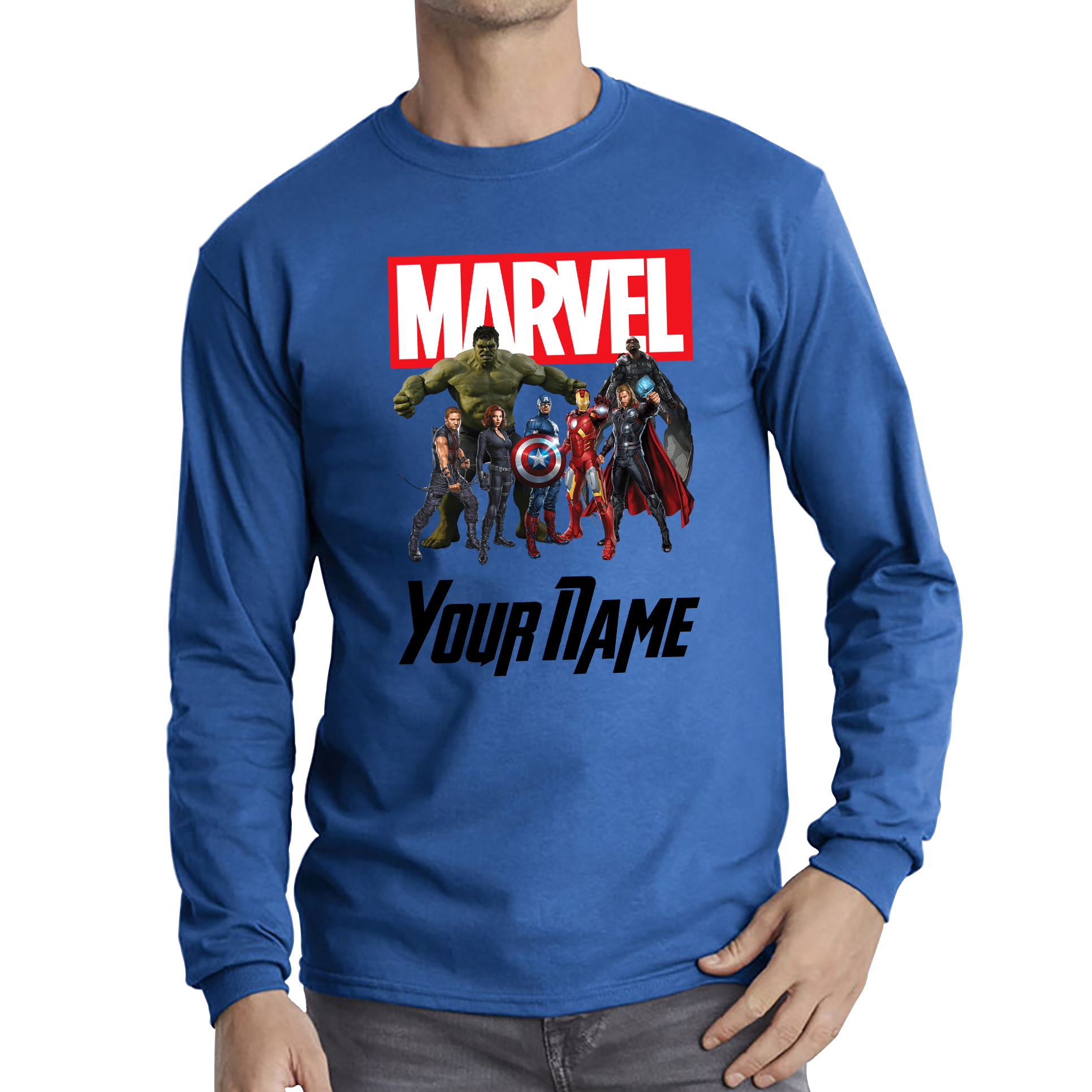 Personalised Marvel Avengers Superheroes Team Your Custom Name Adult Long Sleeve T Shirt