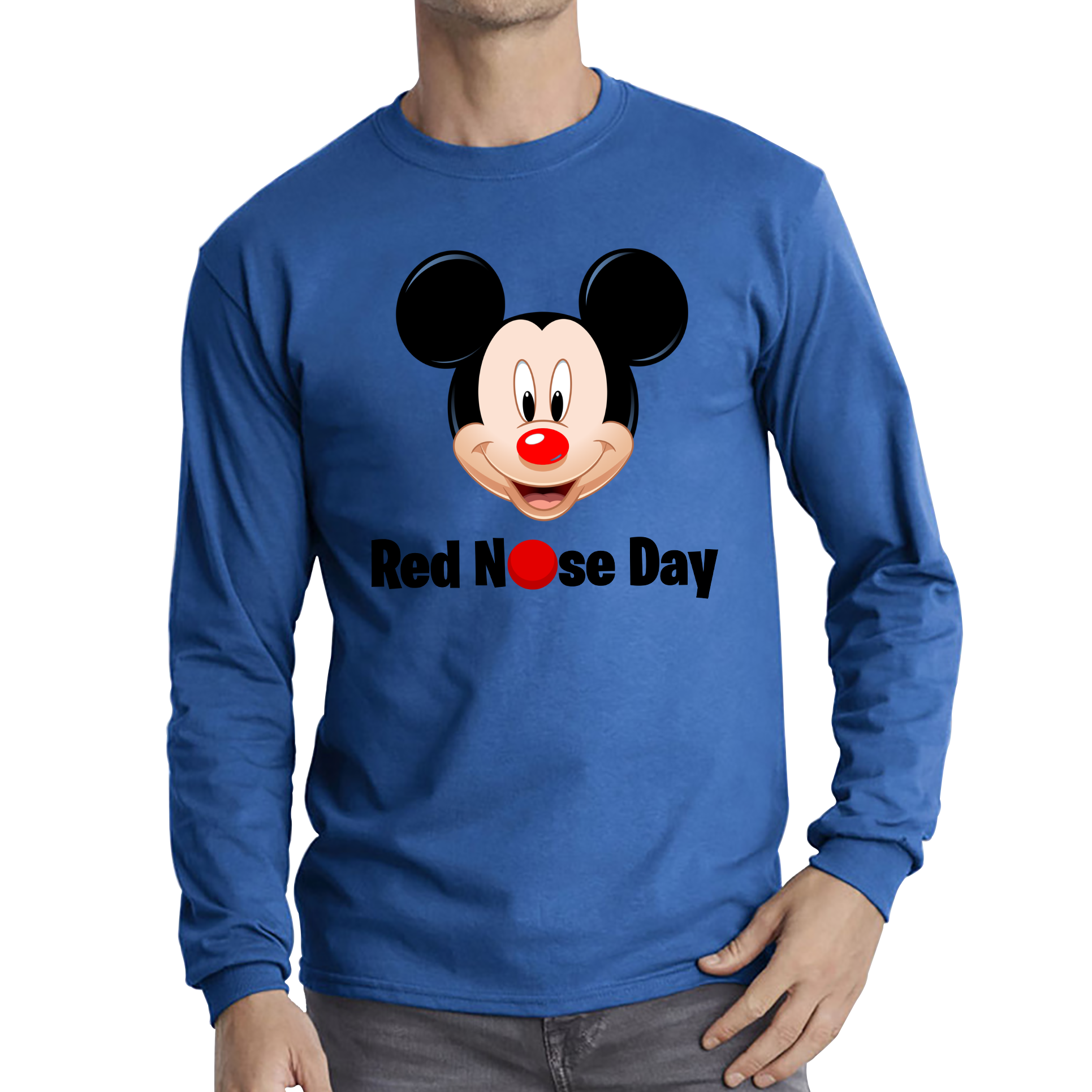Disney Mickey Mouse Red Nose Day Adult Long Sleeve T Shirt. 50% Goes To Charity
