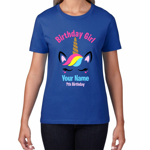 Personalised Unicorn Birthday Girl Your Custom Name and Birthday Year Ladies T Shirt