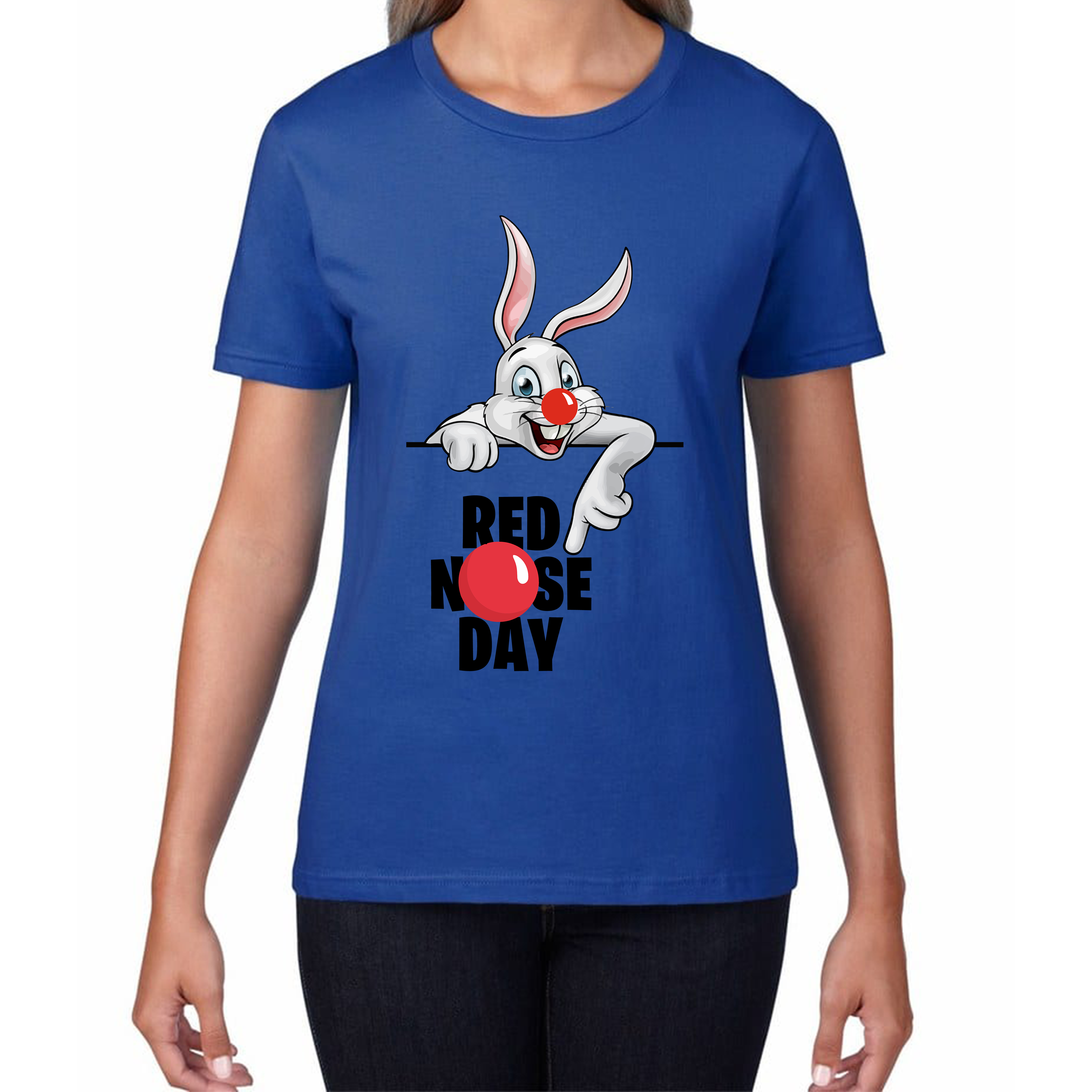 White Bunny Red Nose Day Ladies T Shirt. 50% Goes To Charity