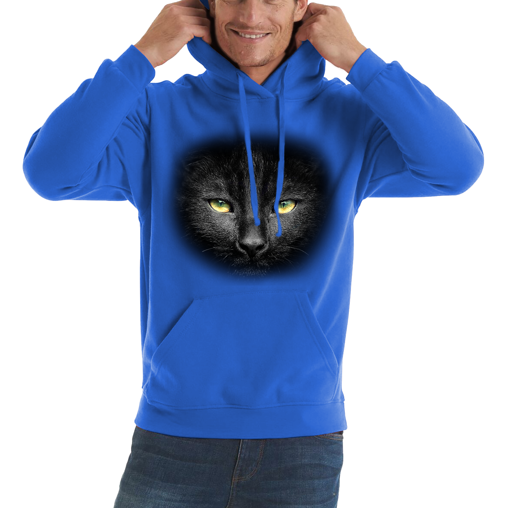 Black Cat Yellow Eyes Hoodie Big Print Full On Front Spooky Horror