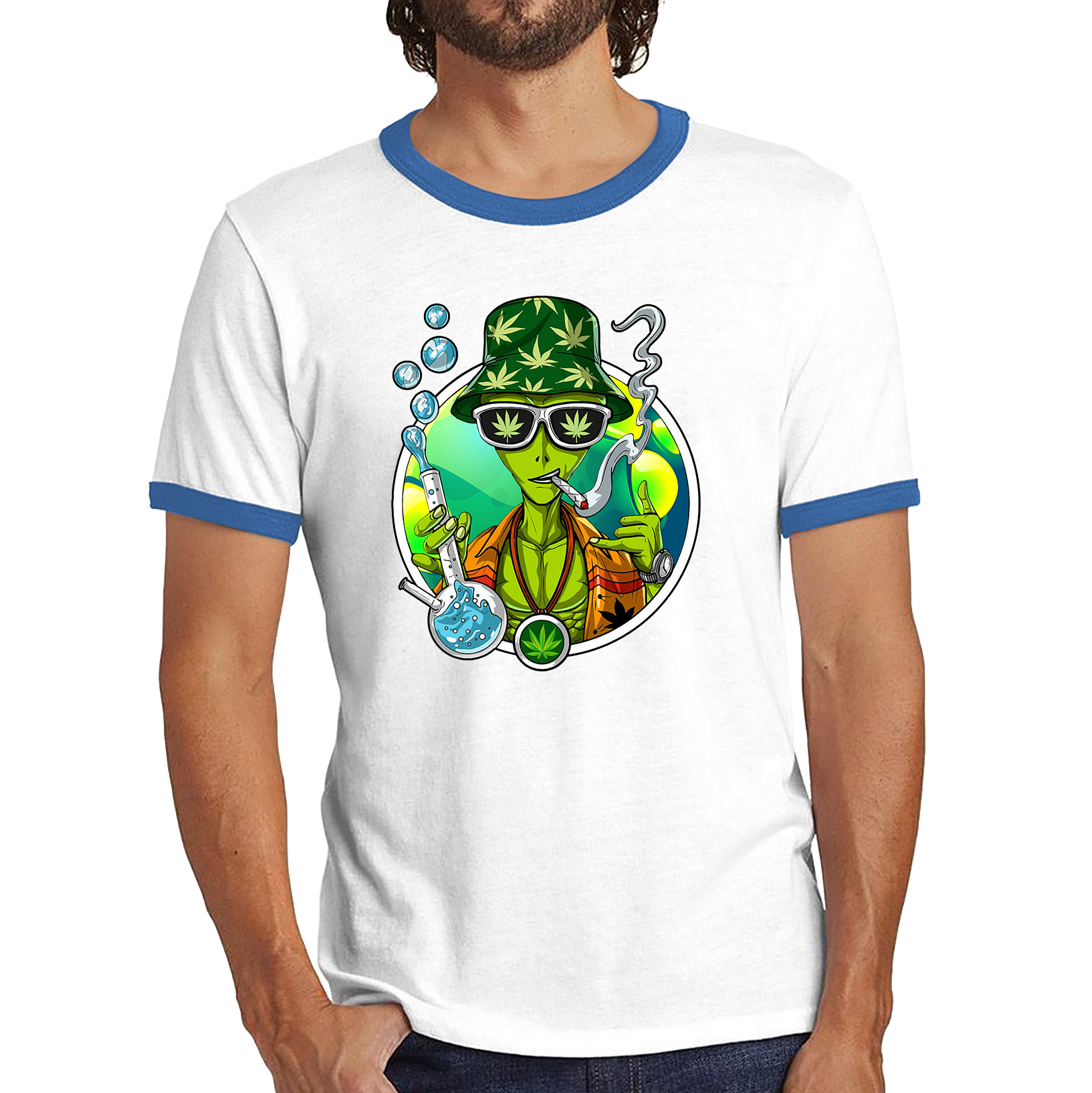 Weed Alien Stoner Shirt Marijuana, Cannabis Lovers Funny Joke Ringer T Shirt