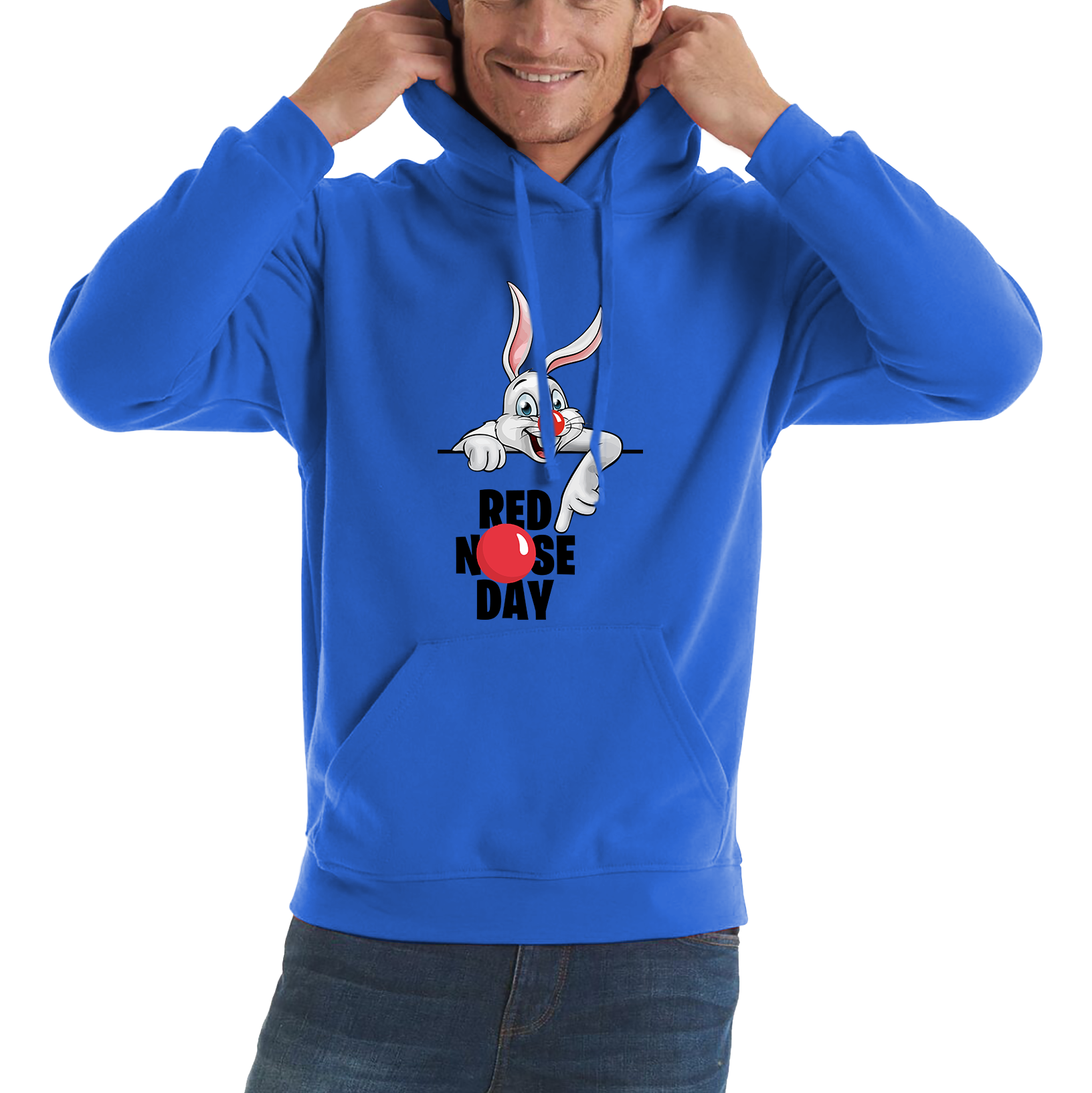White Bunny Red Nose Day Adult Hoodie. 50% Goes To Charity