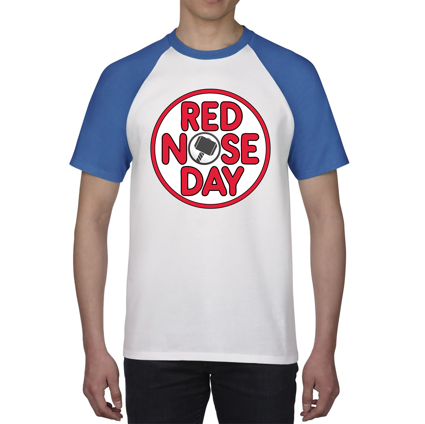 Marvel Avenger Thor Hammer Red Nose Day Baseball T Shirt. 50% Goes To Charity