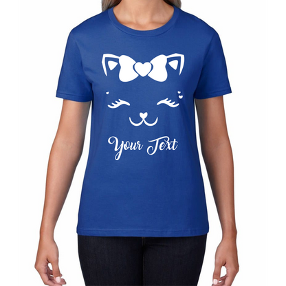 Personalised Cute Cat Face With Bow Your Name Cute Funny Kitten Lashes Cat Lover Birthday Womens Tee Top