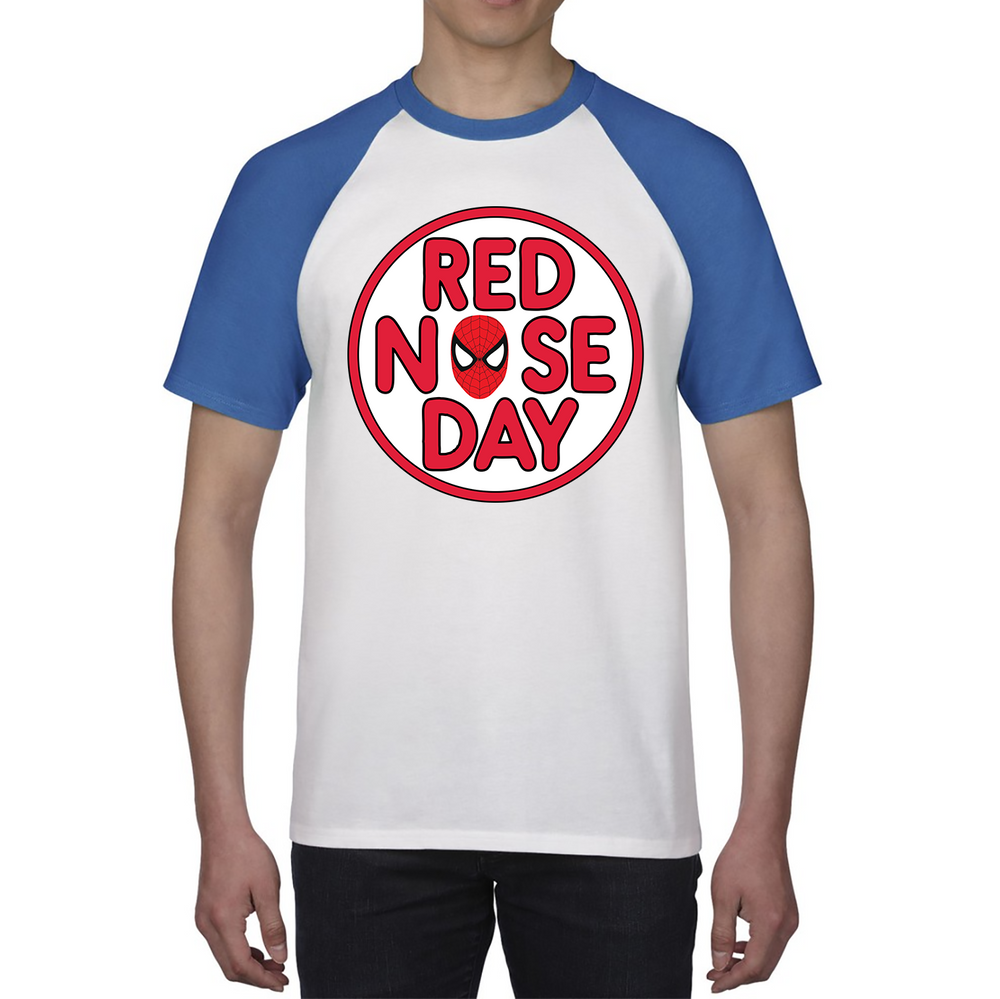 Spiderman Face Red Nose Day Baseball T Shirt. 50% Goes To Charity
