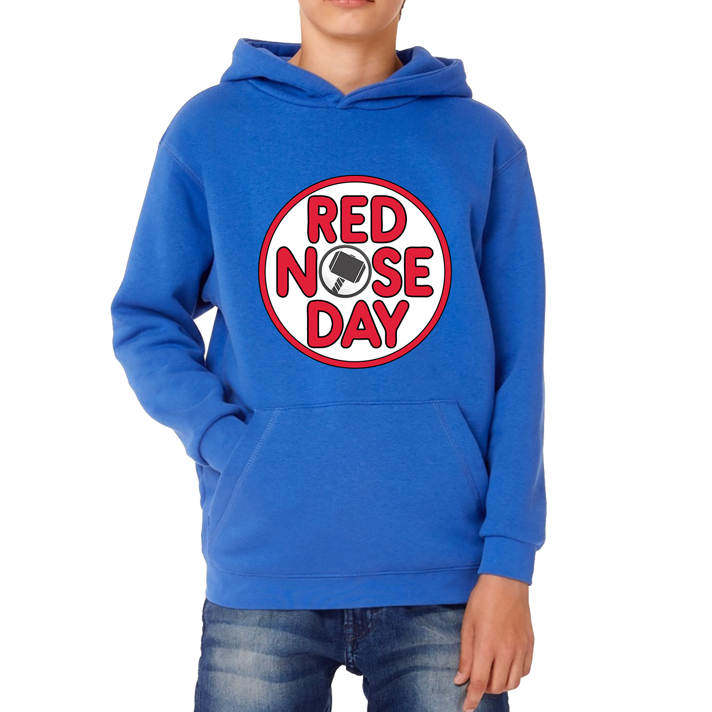 Marvel Avenger Thor Hammer Red Nose Day Kids Hoodie. 50% Goes To Charity