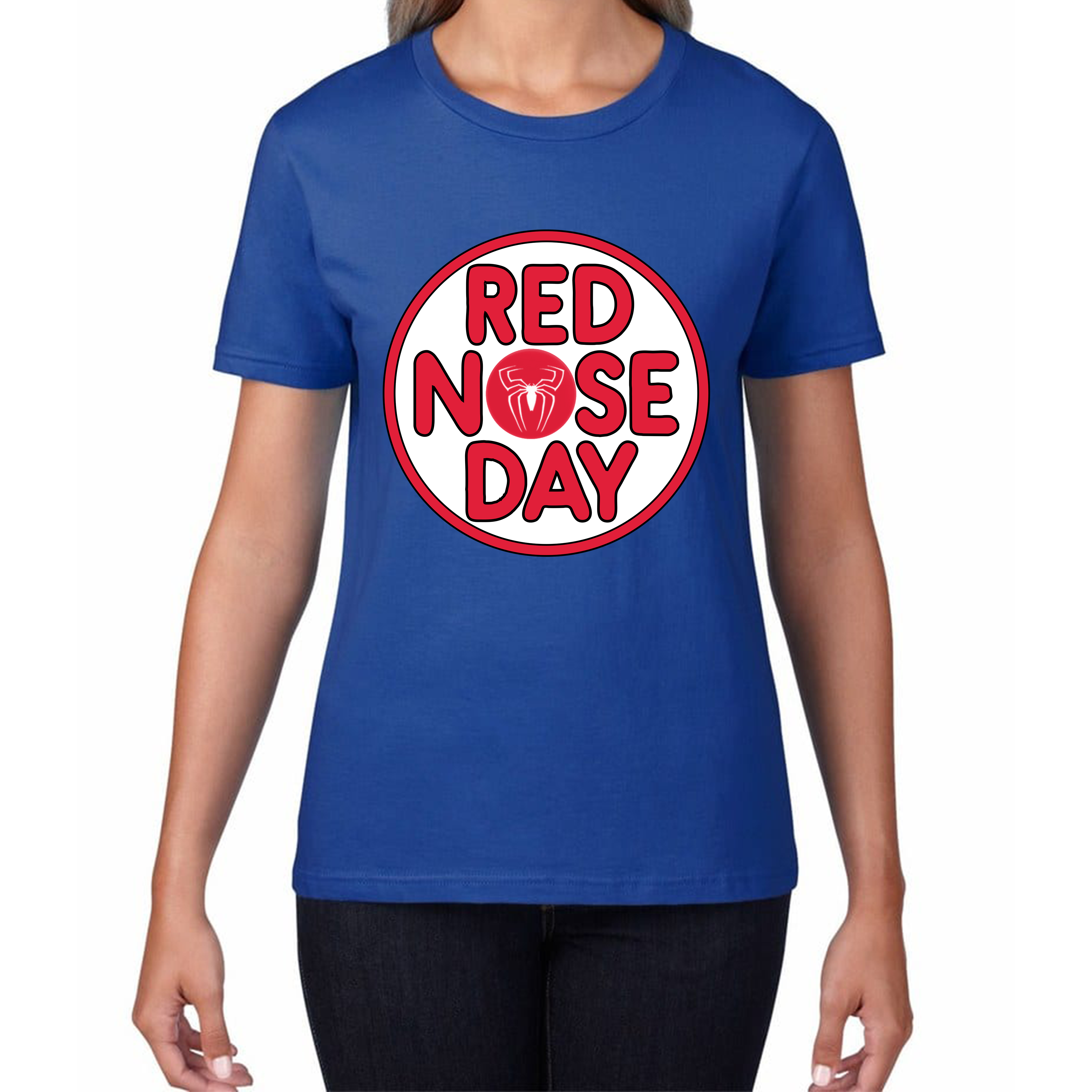 Spider Man Red Nose Day Ladies T Shirt. 50% Goes To Charity