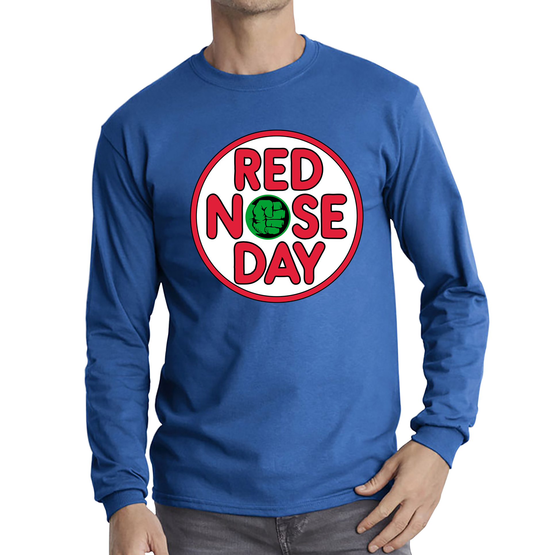 Marvel Avengers Hulk Hand Red Nose Day Adult Long Sleeve T Shirt. 50% Goes To Charity