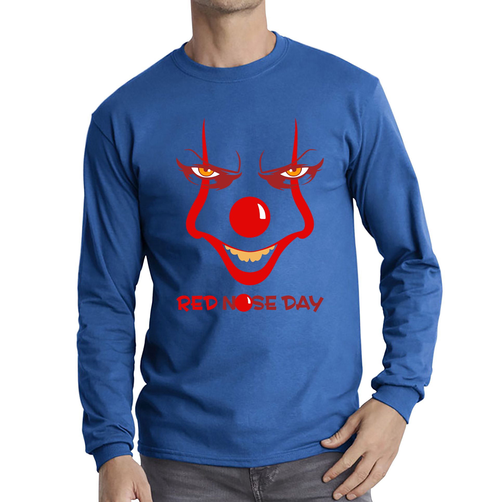 Pennywise Clown Face Red Nose Day Funny Comic Relief Adult Long Sleeve T Shirt. 50% Goes To Charity