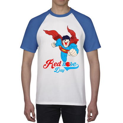 Flying Superman Red Nose Day Comic Superhero Baseball T Shirt. 50% Goes To Charity