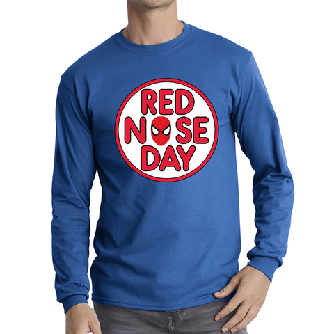 Spiderman Face Red Nose Day Adult Long Sleeve T Shirt. 50% Goes To Charity