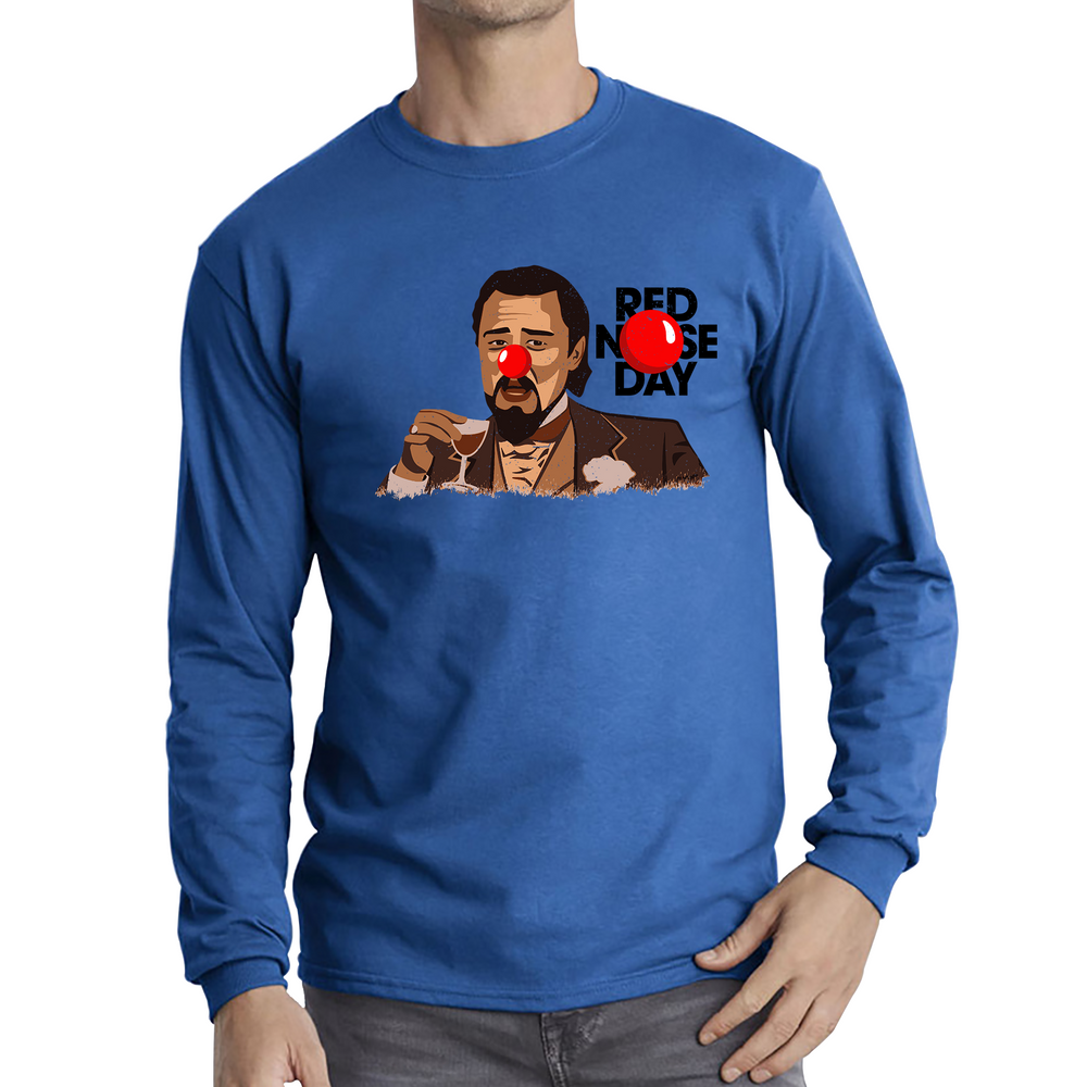 Leonardo Dicaprio Laughing Meme Red Nose Day Adult Long Sleeve T Shirt. 50% Goes To Charity