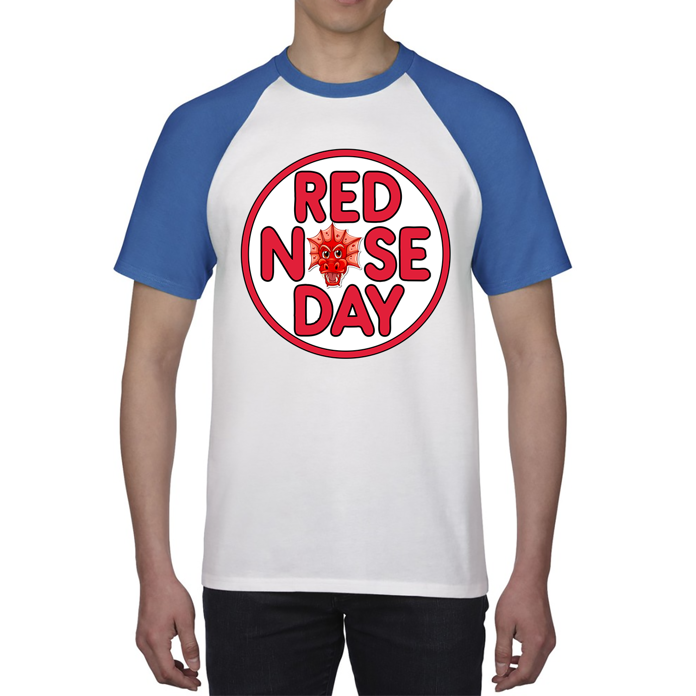 Dragon Face Red Nose Day Baseball T Shirt. 50% Goes To Charity
