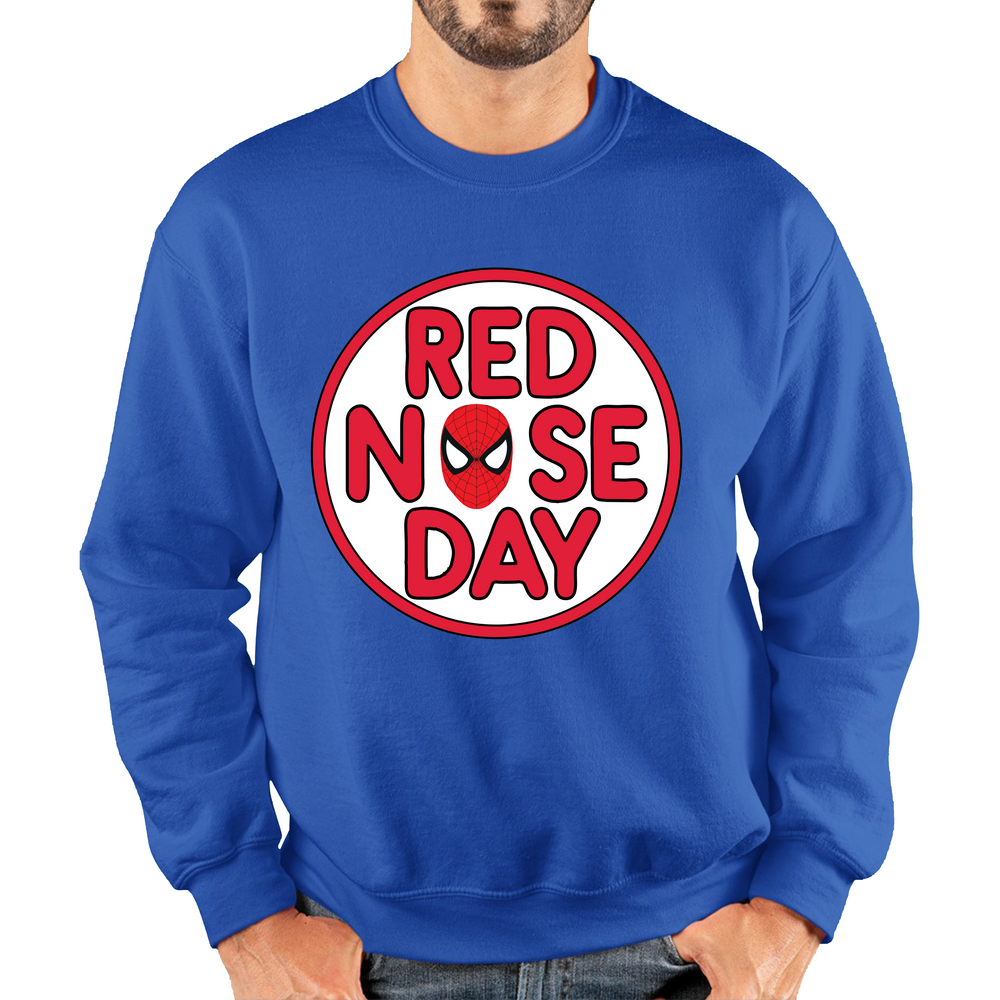Spiderman Face Red Nose Day Adult Sweatshirt. 50% Goes To Charity