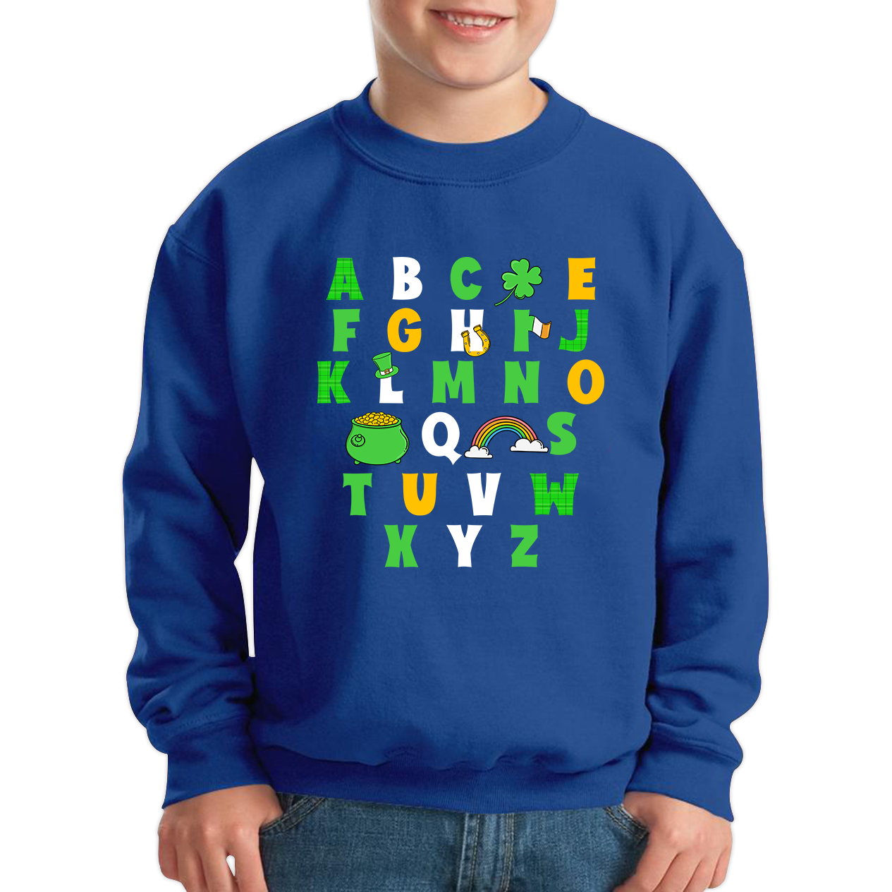 St Patrick's Day Alphabet Letters Alphabet A - Z Shamrock Alphabet St Paddy's Letters Kids Jumper
