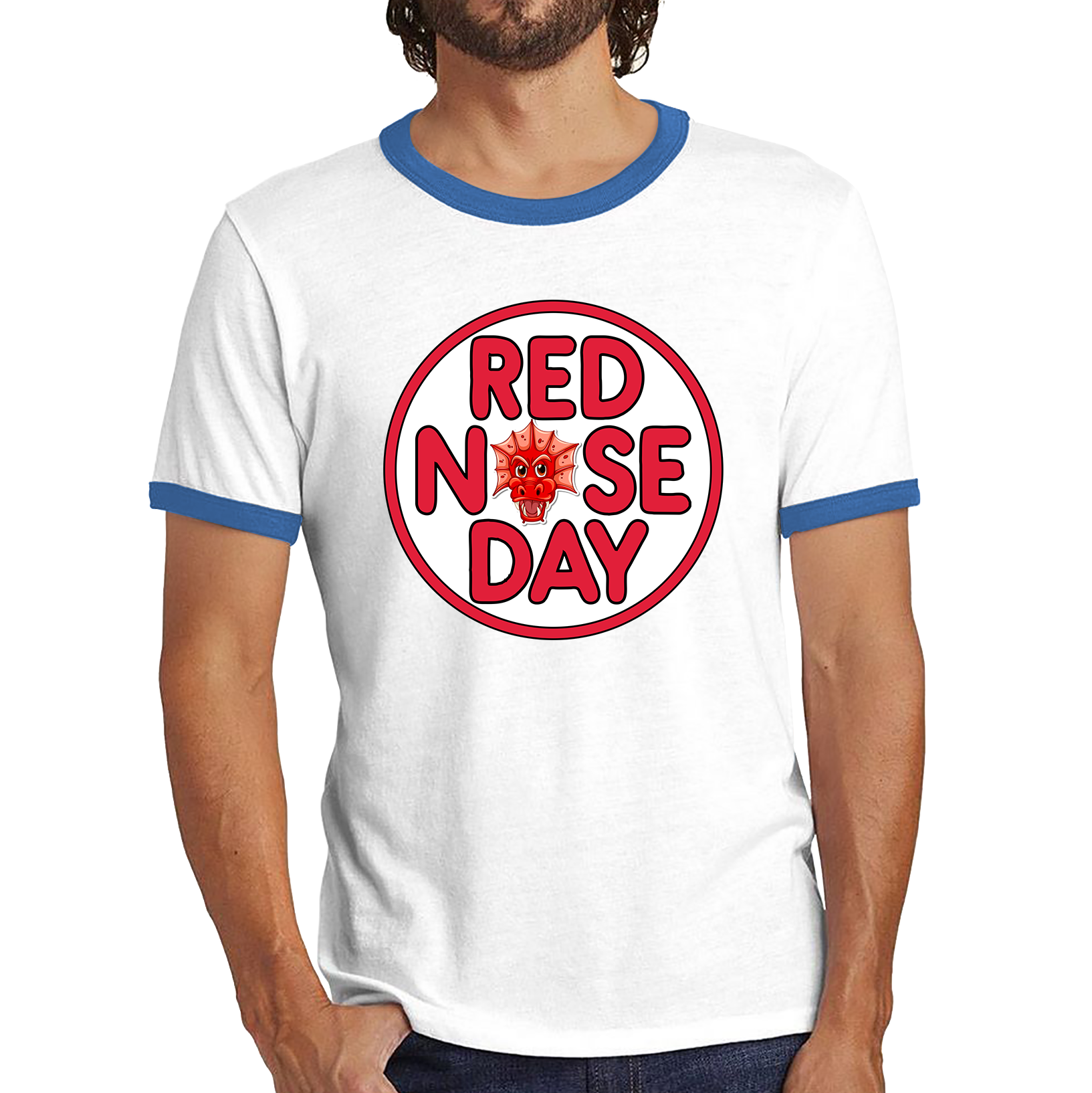 Dragon Face Red Nose Day Ringer T Shirt. 50% Goes To Charity