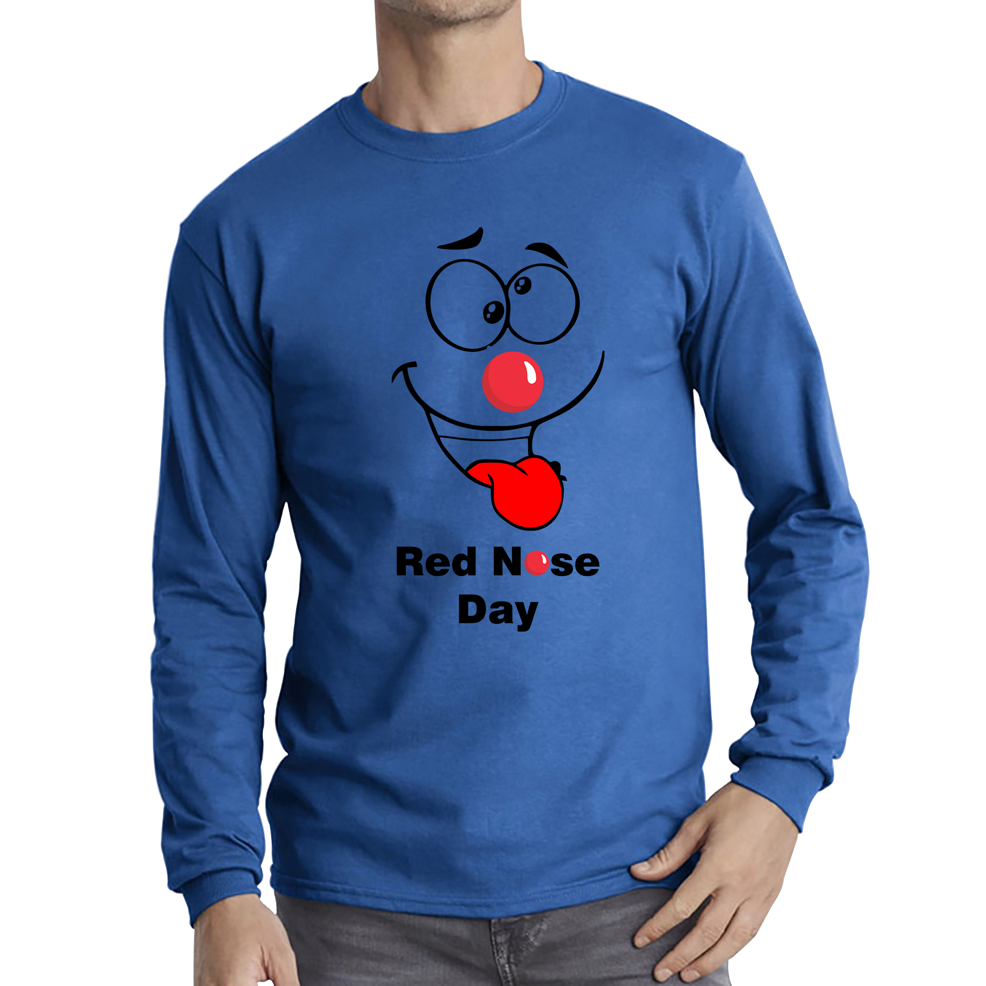 Funny Emoji Face Red Nose Day Adult Long Sleeve T Shirt. 50% Goes To Charity