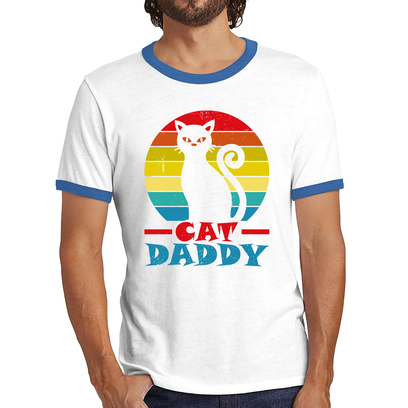 Cat Daddy Vintage Eighties Style Cat Retro Distressed Ringer T Shirt