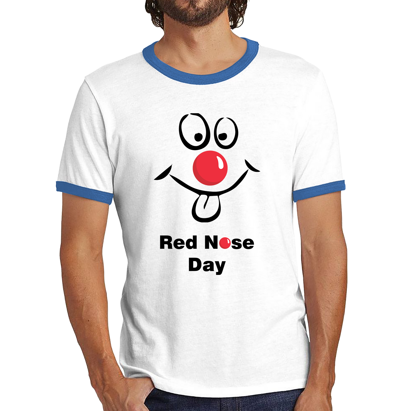 Funny Emoji Face Red Nose Day Ringer T Shirt. 50% Goes To Charity