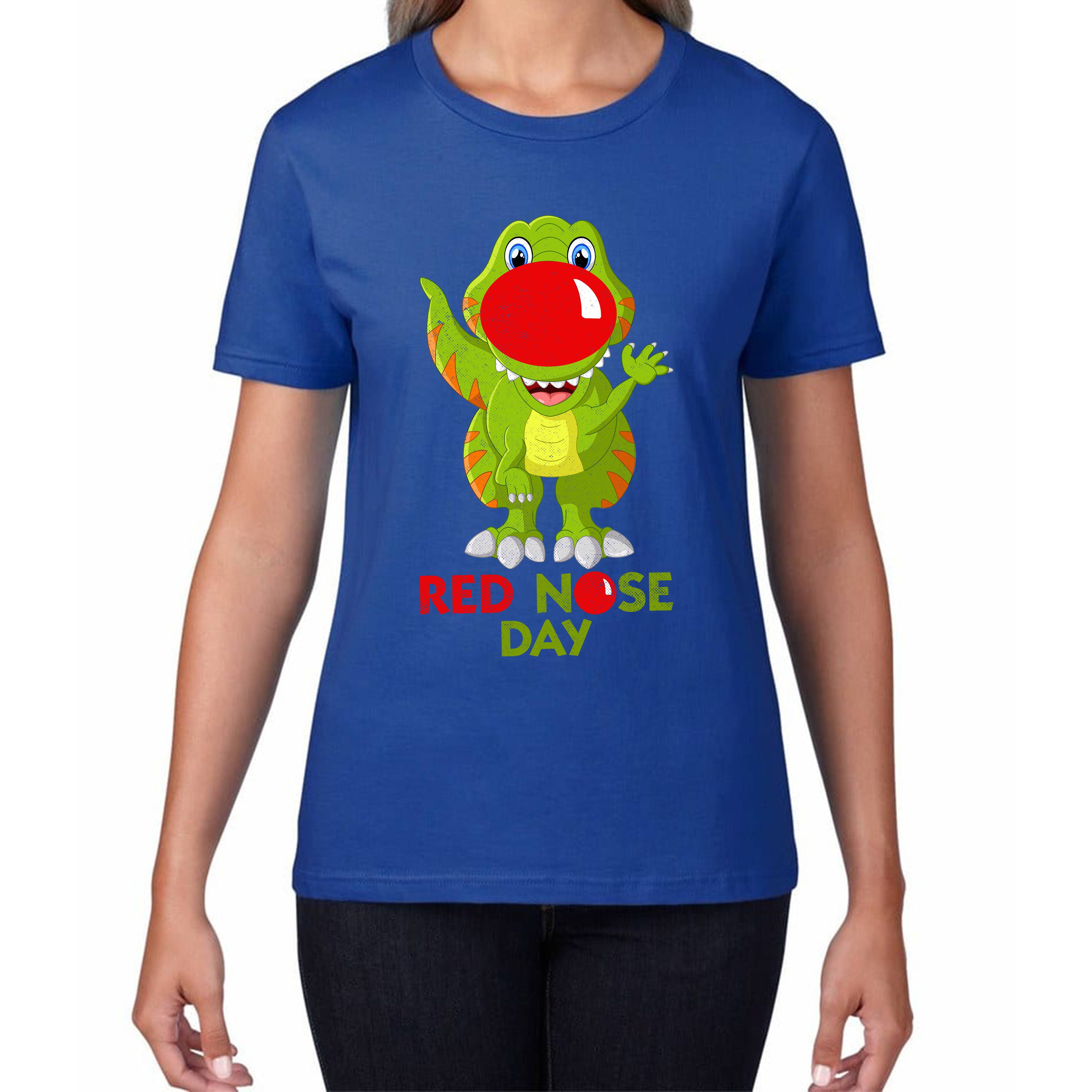 Funny Dinosaur Red Nose Day Ladies T Shirt. 50% Goes To Charity