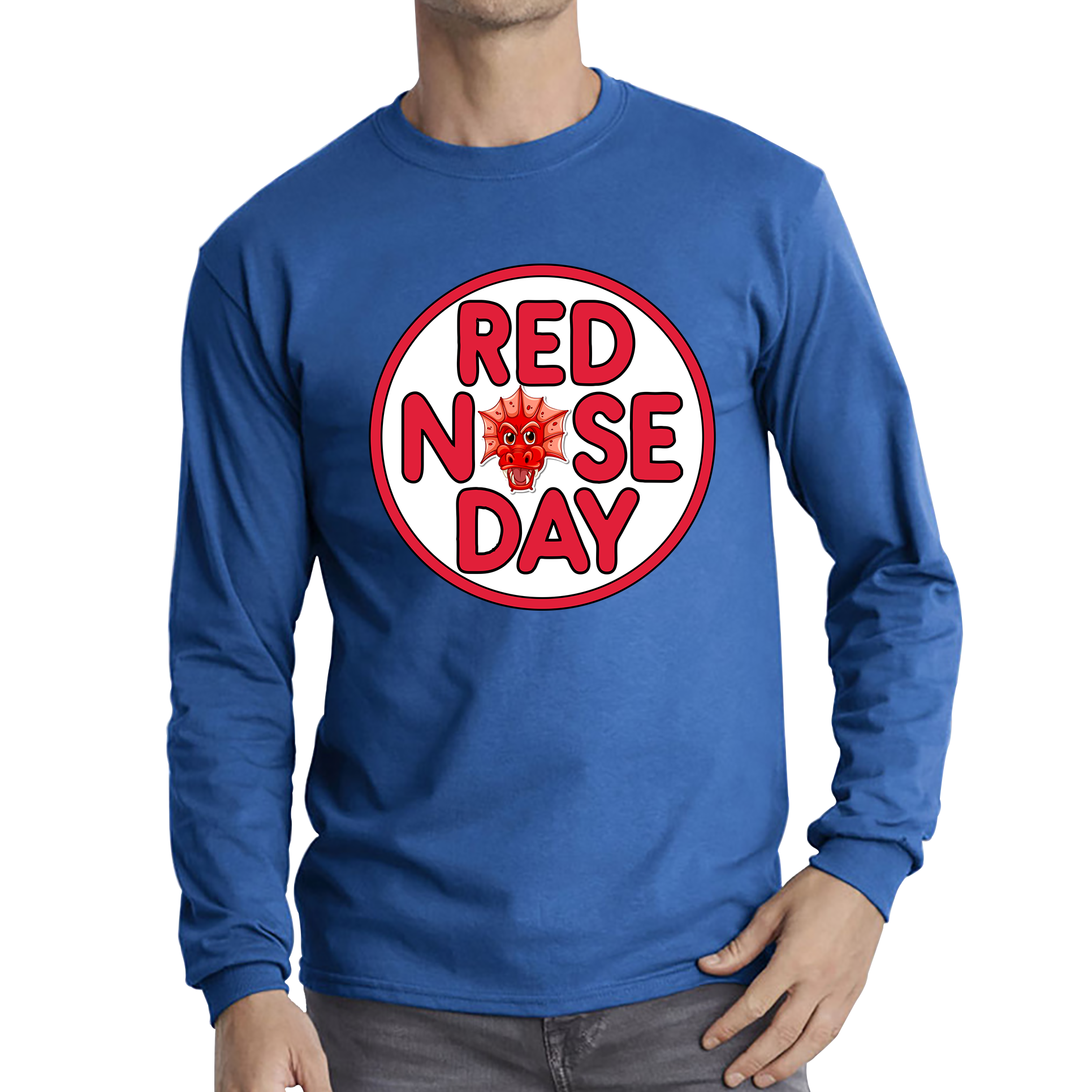 Dragon Face Red Nose Day Adult Long Sleeve T Shirt. 50% Goes To Charity