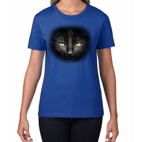 Black Cat Yellow Eyes T-shirt Big Print Full-On Front Spooky Horror Scary Black Cat Womens Tee Top