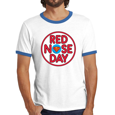 Superman Red Nose Day Ringer T Shirt. 50% Goes To Charity