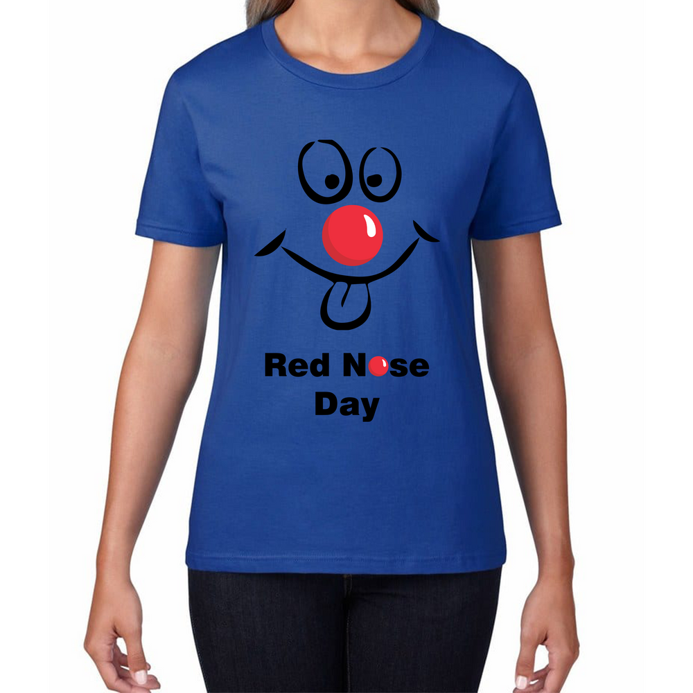 Funny Emoji Face Red Nose Day Ladies T Shirt. 50% Goes To Charity