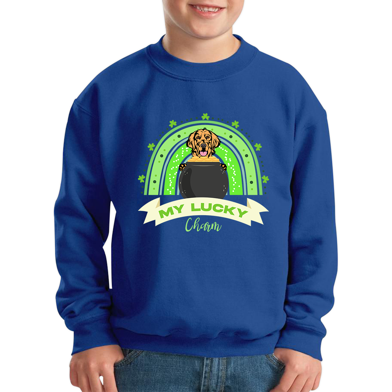 Golden Retriever Dog My Lucky Charm St. Patrick's Day Puppy Animal Pet Dog Lovers St Pattys Day Irish Festive Kids Jumper