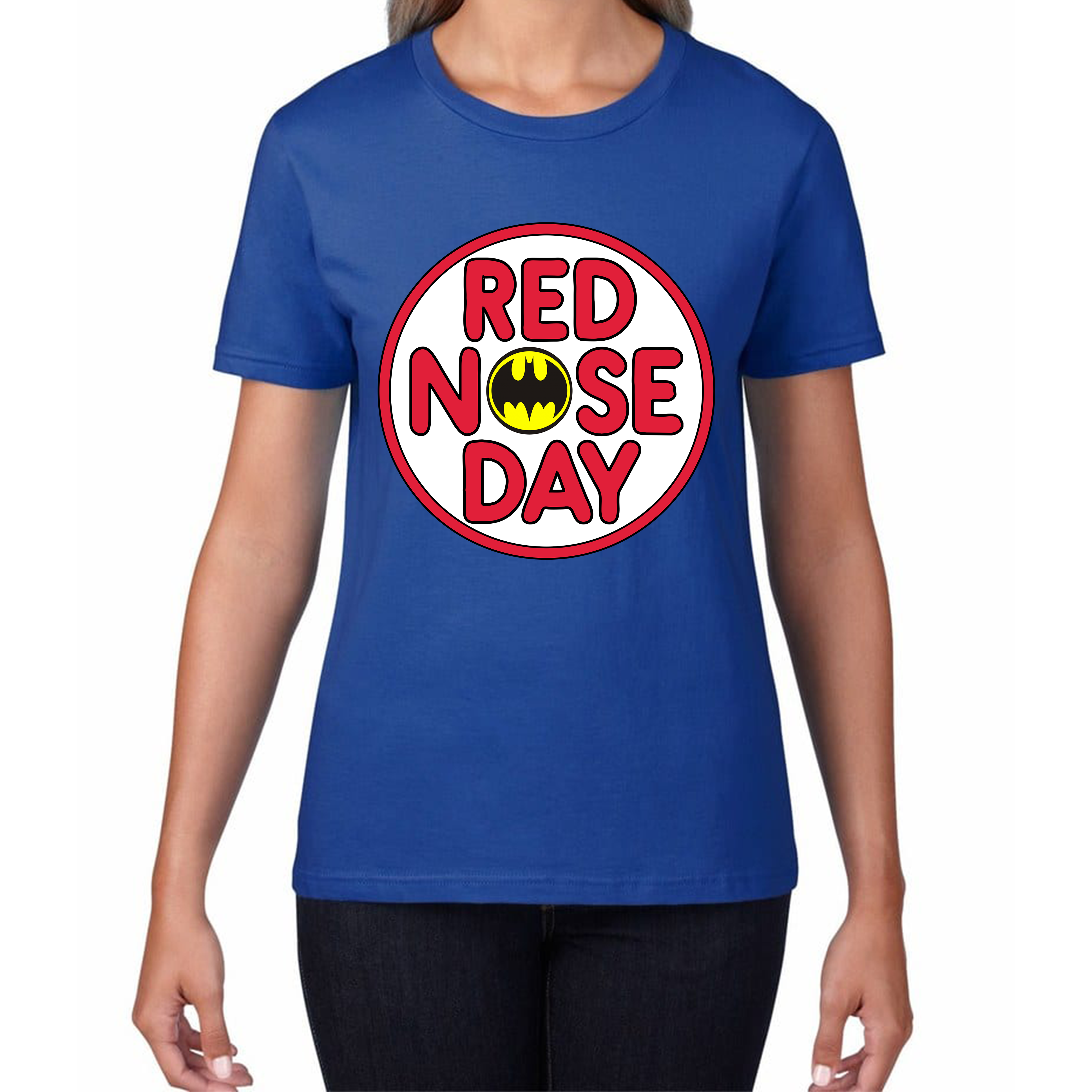 Batman Red Nose Day Ladies T Shirt. 50% Goes To Charity
