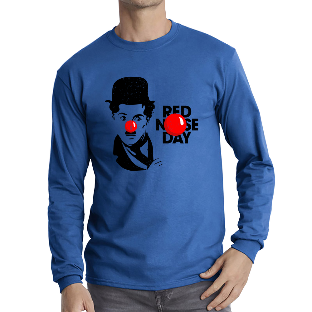 Charlie Chaplin Funny Red Nose Day Adult Long Sleeve T Shirt. 50% Goes To Charity