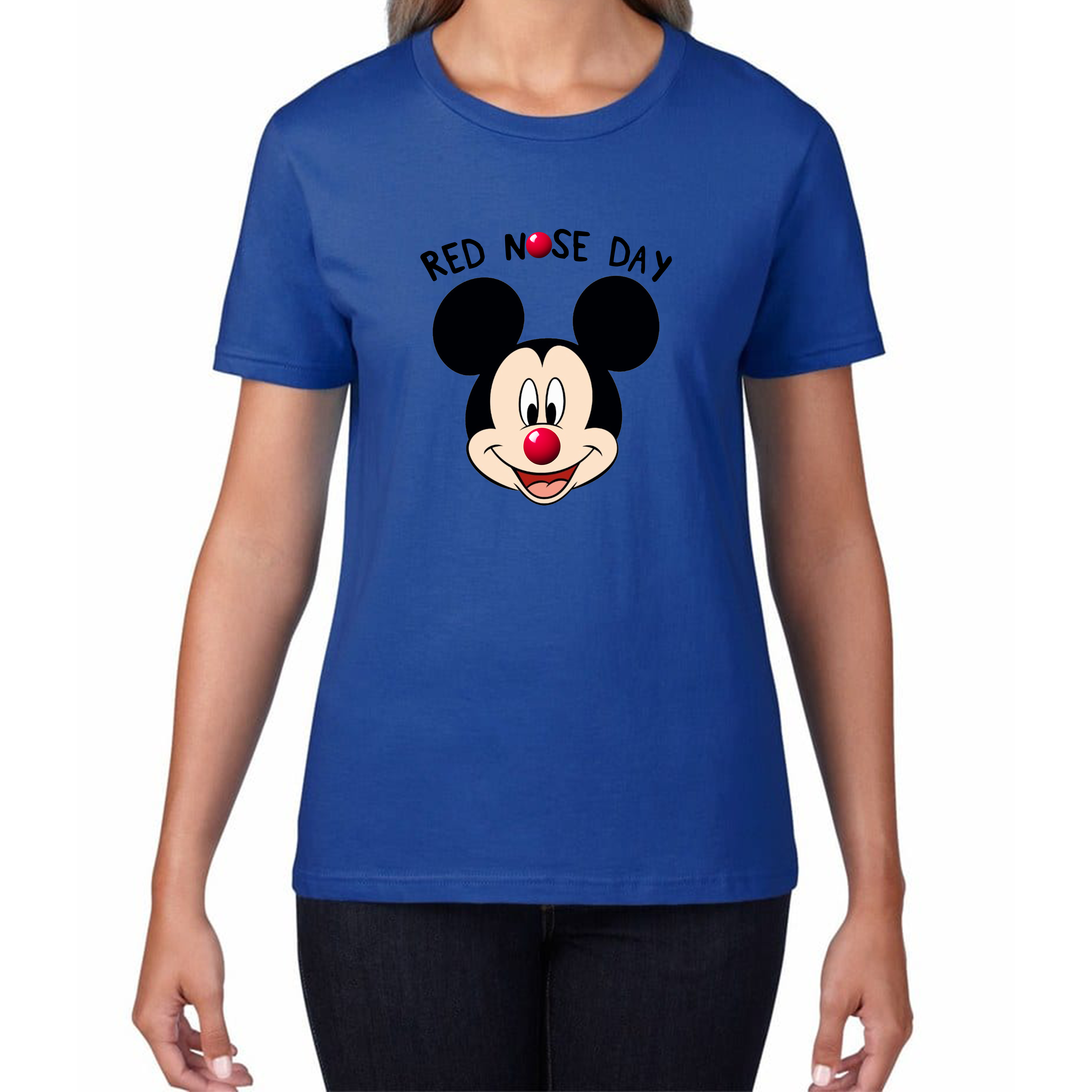Disney Mickey Mouse Red Nose Day Ladies T Shirt. 50% Goes To Charity