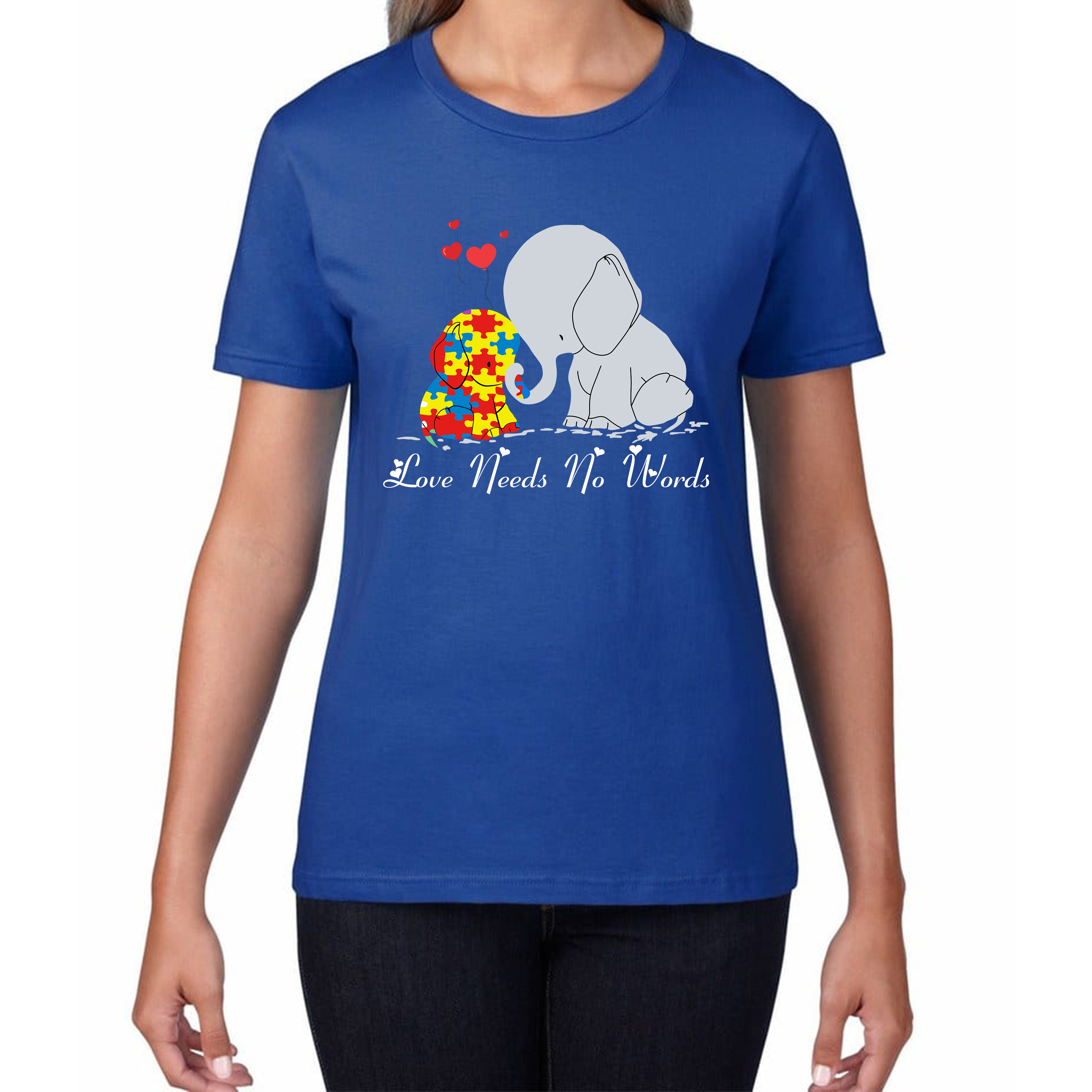 Love Needs No Words Elephant Autism Awareness Ladies T Shirt