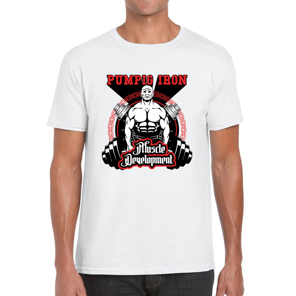 Pumping Iron Muscle Development Bodybuilding Dumbbells Gym Workout Muscle Body Flexing Mens Tee Top