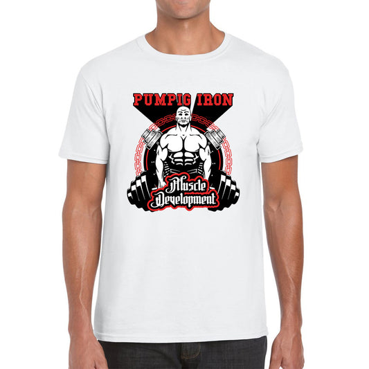 Pumping Iron Muscle Development Bodybuilding Dumbbells Gym Workout Muscle Body Flexing Mens Tee Top