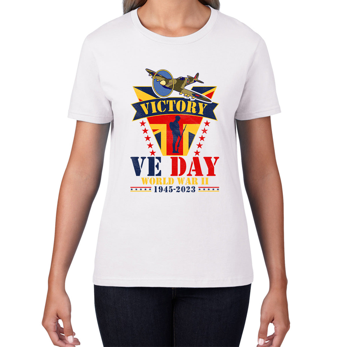 VE Day Victory In Europe  End Of World War II 1945-2023 Anniversary Remembrance Day Soldier Spitfire British Fighter Aircraft UK Flag Womens Tee Top