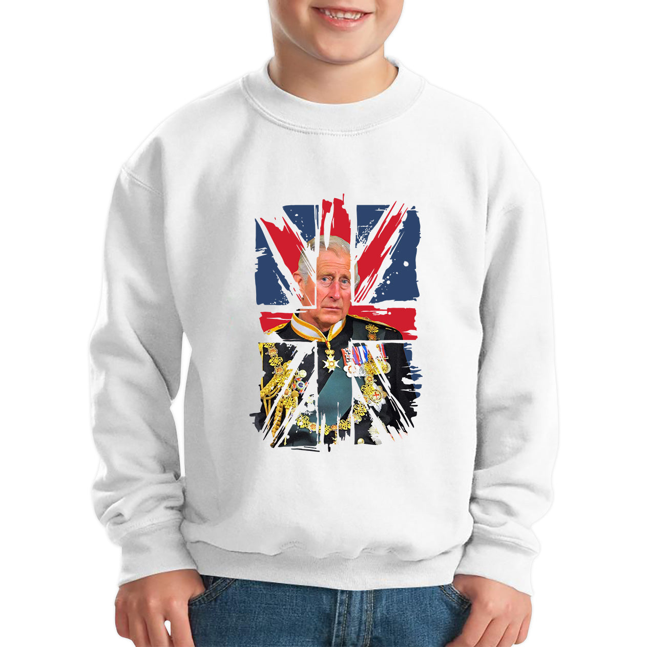 Distressed British Flag King Charles III Coronation Ruling Monarch Of England United Kingdom His Majesty Kids Jumper