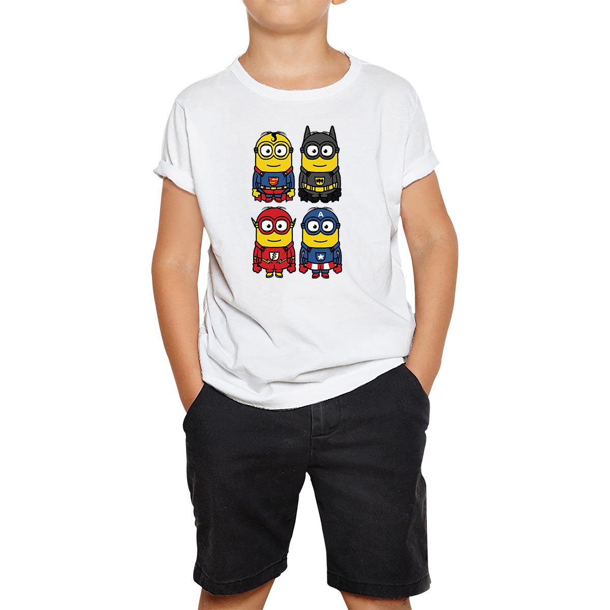 The 4 Minions Heros Super Minions Captain America Batman Superman Riddler The Flash Dc Minions Parody Pop Art Kids T Shirt