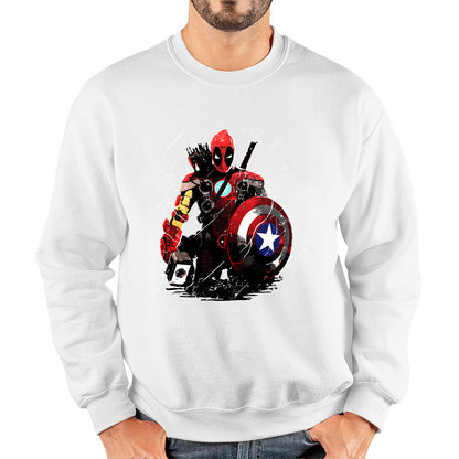 Deadpool With All Marvel Superhero Weapons Captain America, Spired-man, Iron Man, Deadpool, Thor, And Hawkeye Unisex Sweatshirt