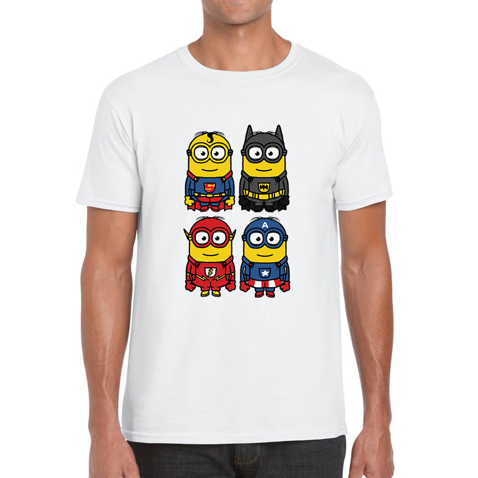 The 4 Minions Heros Super Minions Captain America Batman Superman Riddler The Flash Dc Minions Parody Pop Art Mens Tee Top