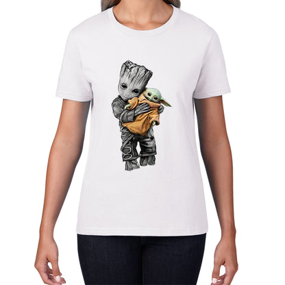 Baby Groot Holding Baby Yoda Avengers Hero Star Avenger Jedi Wars Star Wars Day 46th Anniversary Womens Tee Top