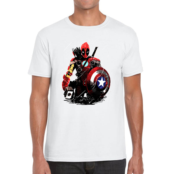 Deadpool With All Marvel Superhero Weapons Captain America, Spired-man, Iron Man, Deadpool, Thor, And Hawkeye Mens Tee Top