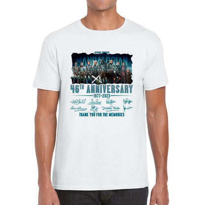 Disney Star Wars Day 46th Anniversary 1977-2023 The Mandalorian Characters Signatures Thank You For The Memories Mens Tee Top