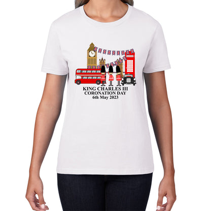 King Charles III Coronation Day 6th May 2023 Great Britain Big Ben Tower Telephone Booth And Red Bus London England Flag Womens Tee Top
