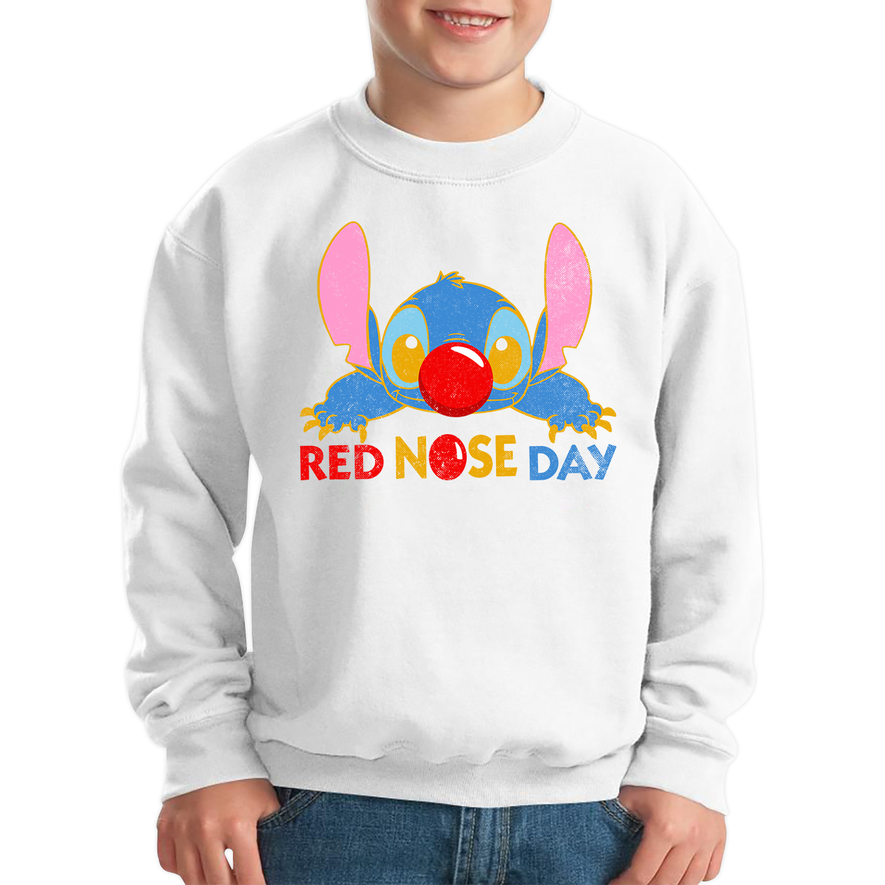 Disney Stitch Red Nose Day Kids Jumper Top Ohana Red nose Day Funny Kids Sweatshirt. 50% Goes To Charity