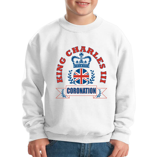 King Charles III 2023 Coronation God Save The King Royal Crown CR III His Majesty Union Jack Uk Flag Kids Jumper