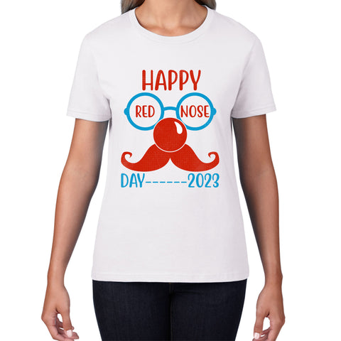 Happy Red Nose Day 2023 Glasses Moustache Child Poverty Awareness Party Wear Womens Tee Top